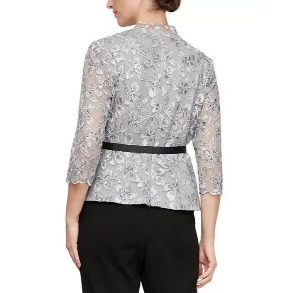 NWT Alex Evenings Set Formal Silver Floral Lace Top Black Velvet Pants Size XLP